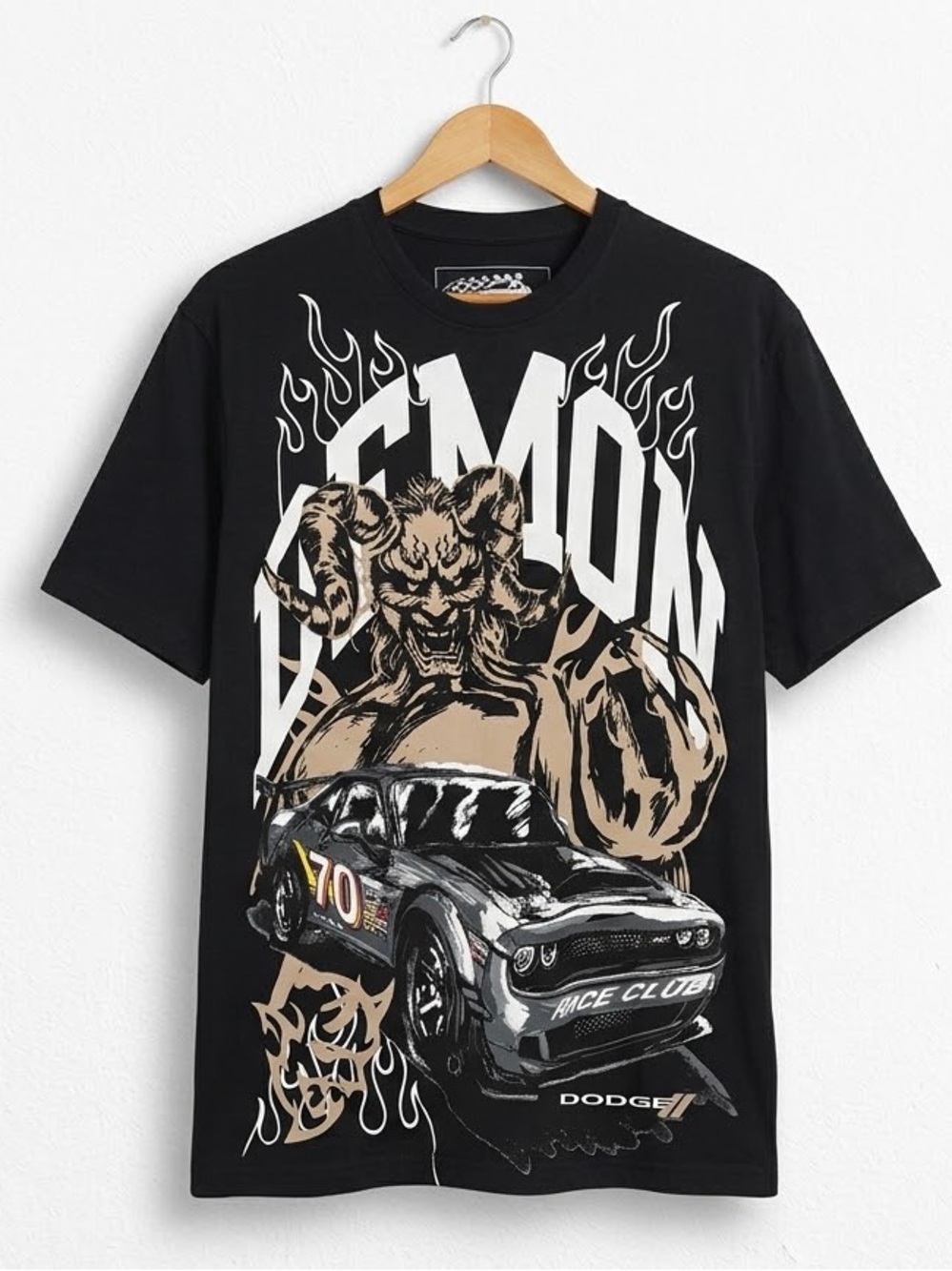 Reason Black Tee with Beige & White Demon Car Graphic